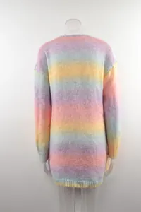 Back view of a cozy oversized longline knitted sweater with rainbow gradient tie-dye