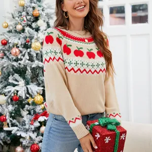 Jersey navideño de mujer con estampado de manzanas rojas y motivos verdes