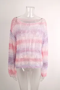 Detailed view of women's pink and purple striped open-knit mesh beach cover-up sweater