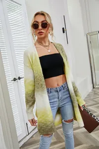 Detailed view of women's lime green gradient tie-dye oversized knit cardigan jacket