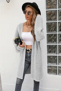 Grey and white chevron pattern long knitted cardigan jacket for women winter street style