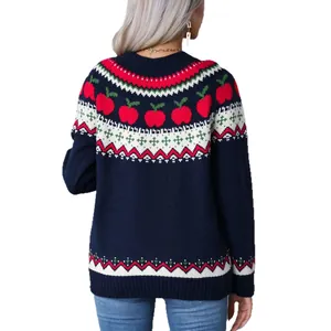 Jersey navideño para mujer con manzanas rojas y estampado Fair Isle, azul marino