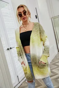Boho style green tie-dye gradient mid-length oversized cardigan sweater for women