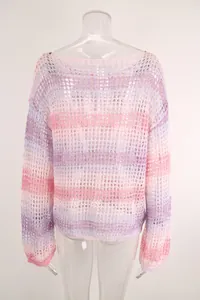 Detail view of pink and purple gradient hollow-out crochet beach cover-up with boat neck.