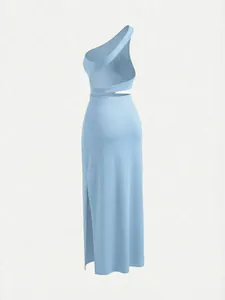 Detail view of a light blue one-shoulder maxi dress with a sexy high side slit and cutout.