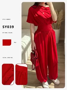 Ensemble Top Et Bottom Décontracté en Polyester pour Femmes Épaules Dénudées Taille Cintré Pantalon Lanterne Couleur Unie Manches Courtes