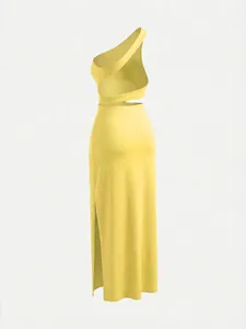 Side view of yellow one-shoulder maxi dress with high slit and elegant waist cutout