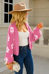 Stylish pink floral short cardigan sweater for women, perfect for a chic street style look.