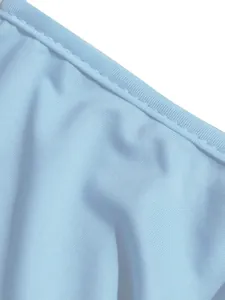Close-up detail of light blue fabric and stitching on sexy high-slit two-piece dress set