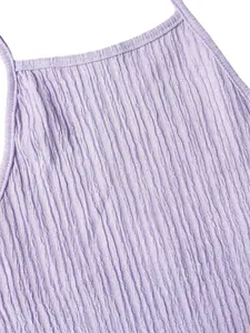 Detailed macro view showing the light purple crinkled fabric texture of a halter top