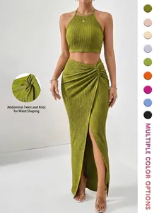 Women Elegant Halter Crop Top And Slit Maxi Skirt Top And Bottom Set Pleated Polyester Spandex Outfits Vacation Suits