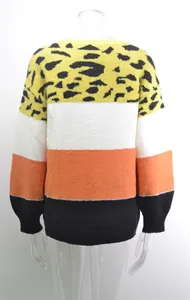 Back view of leopard print color block knitted pullover sweater on mannequin
