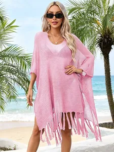 Women Hollow Out Tassel Beach Swimsuit Cover-up Summer Oversized Acrylic Crochet Knit Bathing Suit Wrap Vacation Top