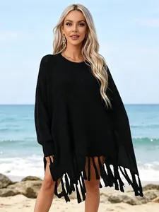 Bohemian black hollow-out crochet beach cover-up with tassel hem for summer resort wear