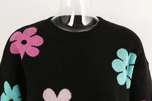 Detailed view of the crew neck and colorful flower knit pattern on a black sweater.