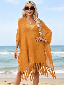 Bohemian orange hollow-out beach cover-up with tassel hem and loose V-neck design for women
