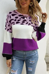 Close-up detail of a stylish leopard print color block crew neck sweater for women