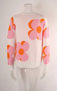 Back view of a knit sweater featuring large pink and orange floral patterns on clear mannequin