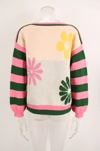 Detailed back view of a colorful floral striped crew neck long sleeve knitted sweater