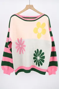 Detailed view of color-block knit sweater featuring floral motifs and striped sleeves