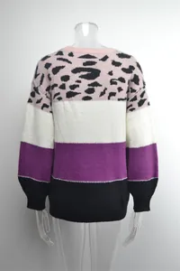 Back view of a women's round neck knit sweater featuring color-block leopard print design
