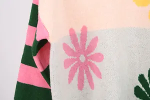 Macro detail of knit sweater showing pink floral pattern and striped sleeve texture