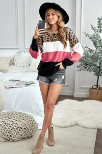 Close-up detail of the color-block leopard print knit sweater on a female model