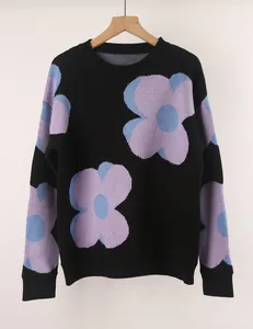 Elegant women's black crewneck knit sweater featuring large stylish purple floral patterns