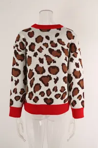 Detailed back view of leopard print knit sweater with red ribbed collar and sleeve cuffs