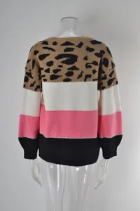 Detailed back view of a womens leopard print patchwork knit sweater with color blocks