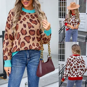 Women Casual Leopard Print Round Neck Long Sleeve Pullover Sweater Loose Fit Patchwork Contrast Color Knitted Top Streetwear