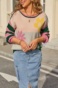 Close-up of color block knit sweater featuring floral patterns and striped sleeves.