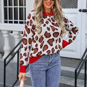 Women's casual leopard print knit sweater pullover with red ribbed neck and sleeve cuffs