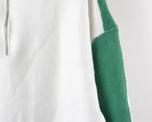 Detail van de ritssluiting op de wit-groene gebreide trui met moderne kleurvlakken