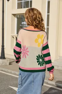 Detailed back view of colorful flower print sweater featuring stylish striped sleeves