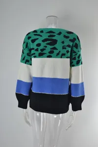Back view of a women's leopard print color block knitted sweater on a mannequin.