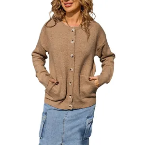 Elegant brown round neck knitted cardigan sweater with buttons and front pockets