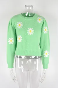Close-up detail of the white daisy floral knit pattern on light green sweater