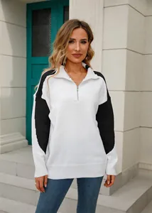Oversized wit en zwart gebreide trui met halve rits voor dames, casual herfstmode look