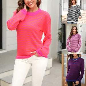 Dames Gestreepte Colorblock Gebreide Trui Ronde Hals Lange Mouw Casual Top Pullover Breiwerk Voor Lente Herfst