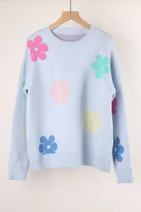 Close-up of a light blue knitted sweater featuring colorful flower patterns and crew neck.
