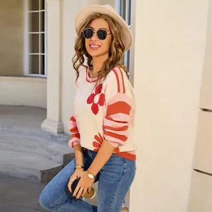 Stylish plus size crew neck sweater with floral and striped patterns for women