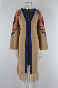Detailed macro view of a long camel knit cardigan with blue trim and fringe details.