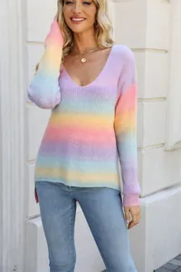 Close-up of a women's V-neck rainbow tie-dye knit sweater with an irregular hem.