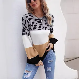 Stylish women's leopard print color-block knit sweater with crew neck patchwork design