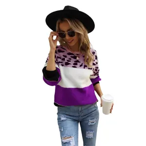 Women's chic leopard print color-block crew neck oversized knit pullover sweater