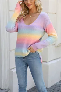 Oversized women's rainbow gradient tie-dye knit sweater with deep V-neckline for spring fashion