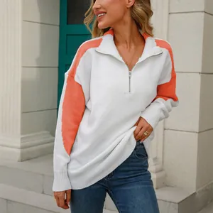 Dames Color Block Halve Rits Revers Pullover Trui Losse Lange Mouw Gebreid Sweatshirt Oversized Casual Patchwork Breigoed Top