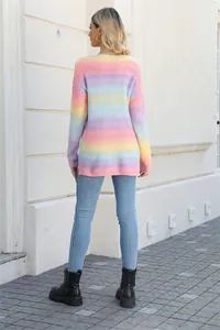 Back view of a women's long-sleeve knit sweater with a vibrant rainbow gradient effect.