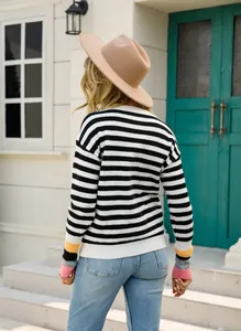 Vue arrière d'un pull rayé chic avec des poignets en patchwork colorés et élégants